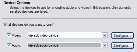 Seleccionando dispositivos en Windows Media Encoder