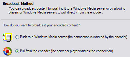 Seleccionando métodos de transmisión en Windows Media Encoder