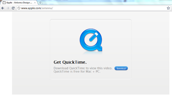 Sitio de Apple solicitando instalar Quicktime para reproducir un video