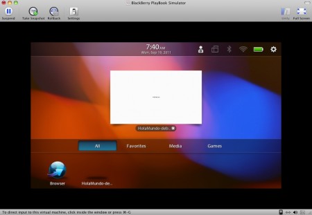 Aplicación ejecutándose en el Simulador de PlayBook