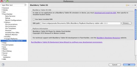 Configuración del SDK de PlayBook