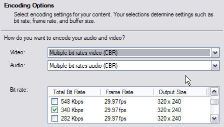 Seleccionando codificación en Windows Media Encoder