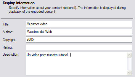 Ingresando detalles de la transmisión Windows Media Encoder