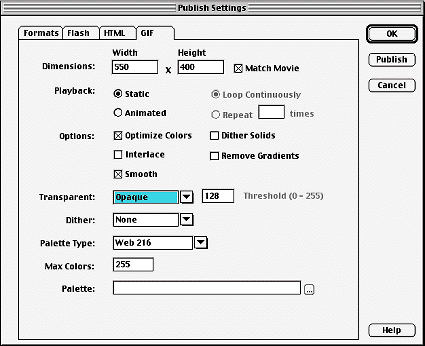 Asi lucen las opciones para publicación en Flash